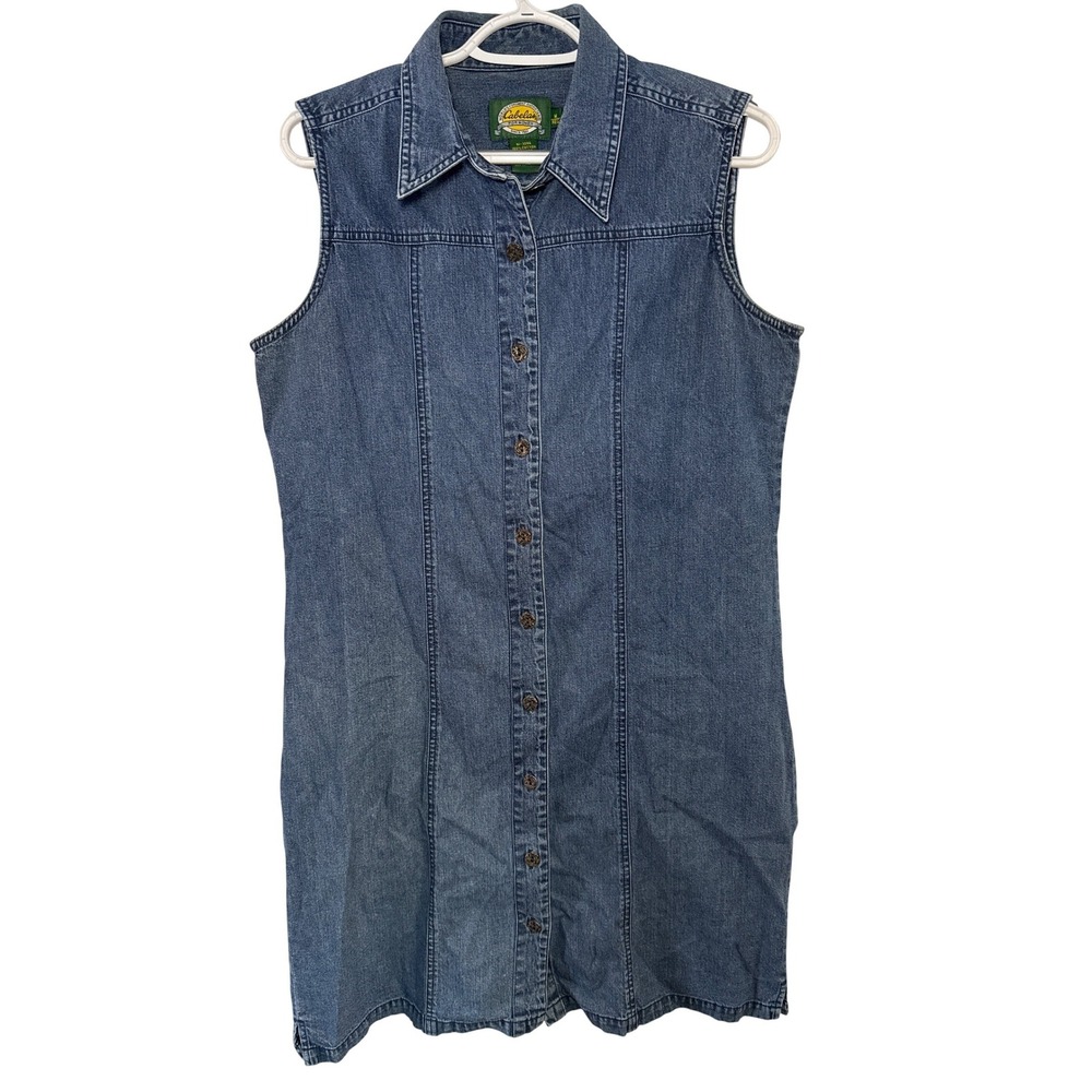 Cabelas Denim Jean Sleeveless Collared Button Front Dress Womens Medium Western‎